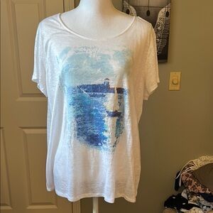 White T-Shirt with Blue Graphic